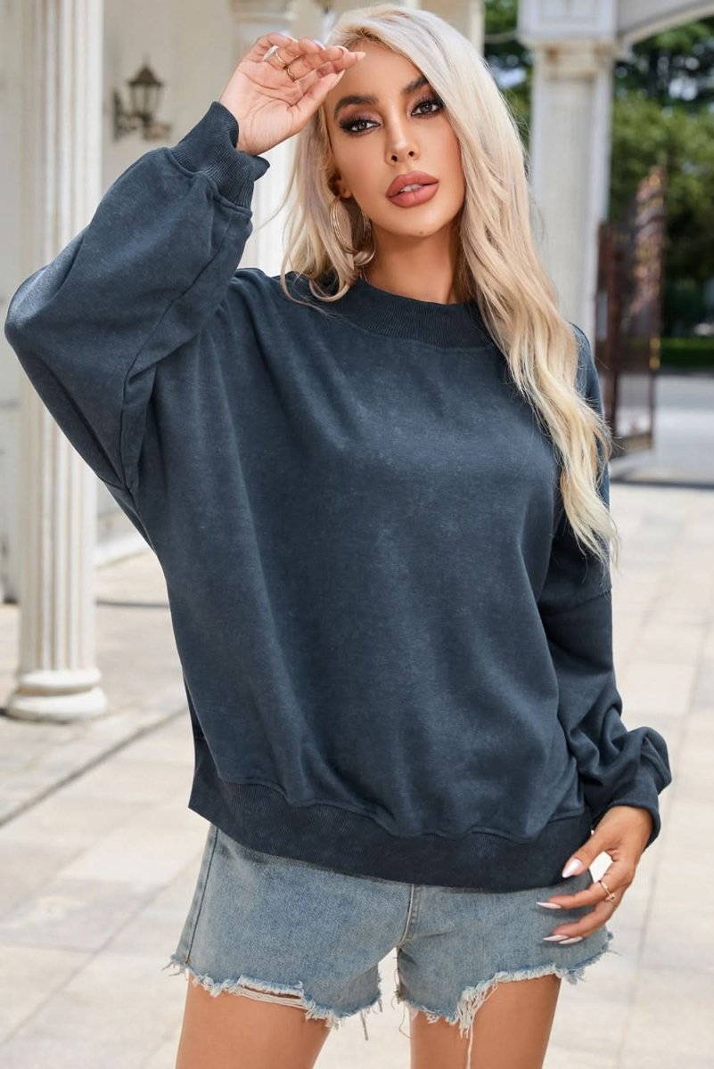Sky Blue Drop Shoulder Crew Neck Pullover Sweatshirt - Love Salve